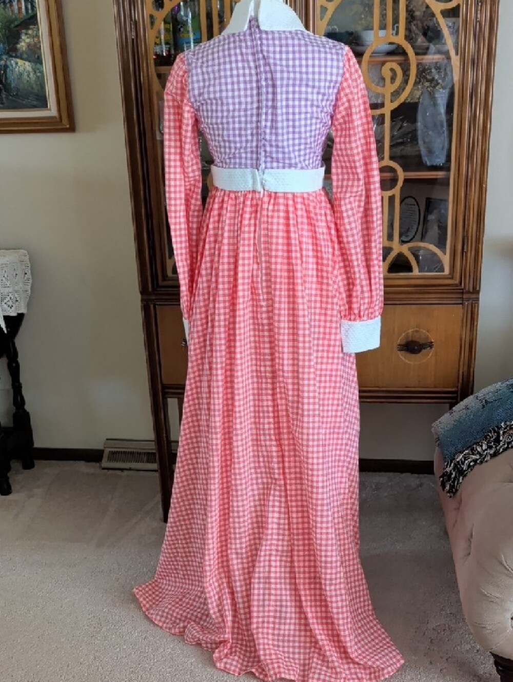Vintage Pink Gingham Maxi Dress with White Collar - Picture 5 of 9
